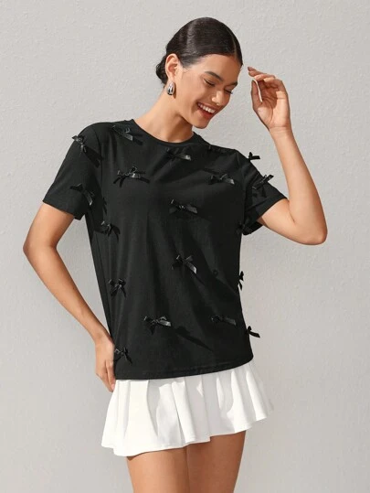 Oxana 设计师女士黑色 T 恤，带蝴蝶结，适合夏季、节日、感恩节、度假、情人节、春季、情人节、春季、节日