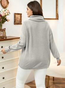 SHEIN LUNE Áo len nữ cỡ lớn cổ cao vai rớt, kiểu dáng chui đầu, thích hợp cho mùa thu đông. - Xám - Xem 2