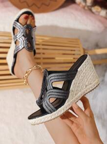 Đúng mốt Của phụ nữ Nêm Gót chân Giày Espadrilles Dép xăng đan Với Pha lê Dây đeo & Dày Đáy - màu đen - Xem 1