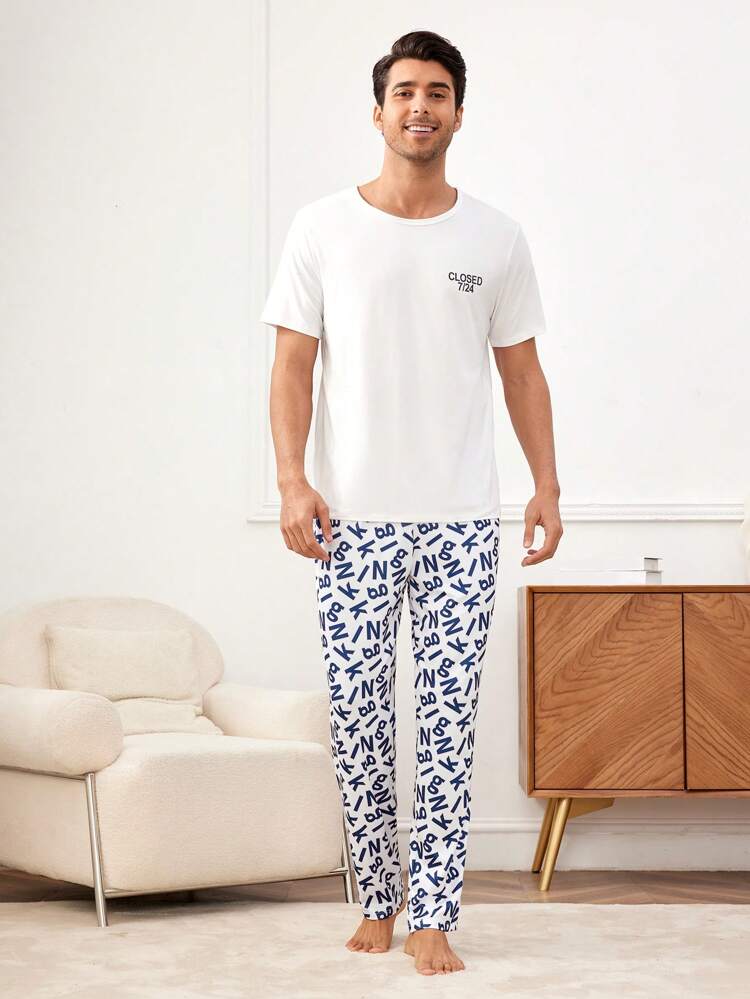Men's Letter Print Short Sleeve T-Shirt And Sleep Shorts Homewear Set