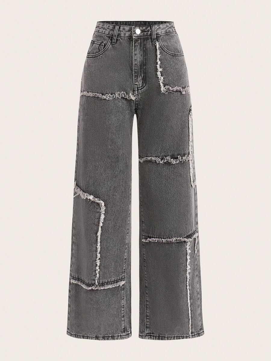 SHEIN MOD Women's Raw Hem Wide Leg Jeans - Light Grey - View 1