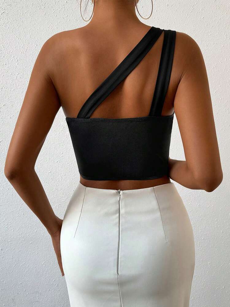 One Shoulder Lace Splice Bralette Top