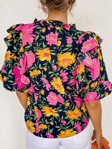 Floral Print Tie Neck Frill Trim Flounce Sleeve Blouse - Multicolor - View 2