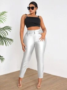 SHEIN ICON Plus Size Made Of Pu Fabric Tight-Fit Pants - Silver - View 4