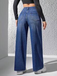 SHEIN EZwear Straight Leg Jeans With Stone Wash - Blue - View 2