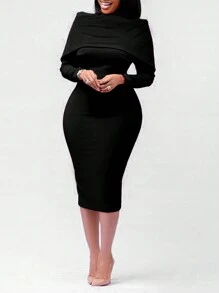 Maweii Plus Size Women's Fold-Over Collar Bodycon Dress - Black - View 3