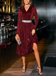 SHEIN Clasi 女士交叉領長袖裙,無腰帶款式 - 酒紅色 - 查看 1