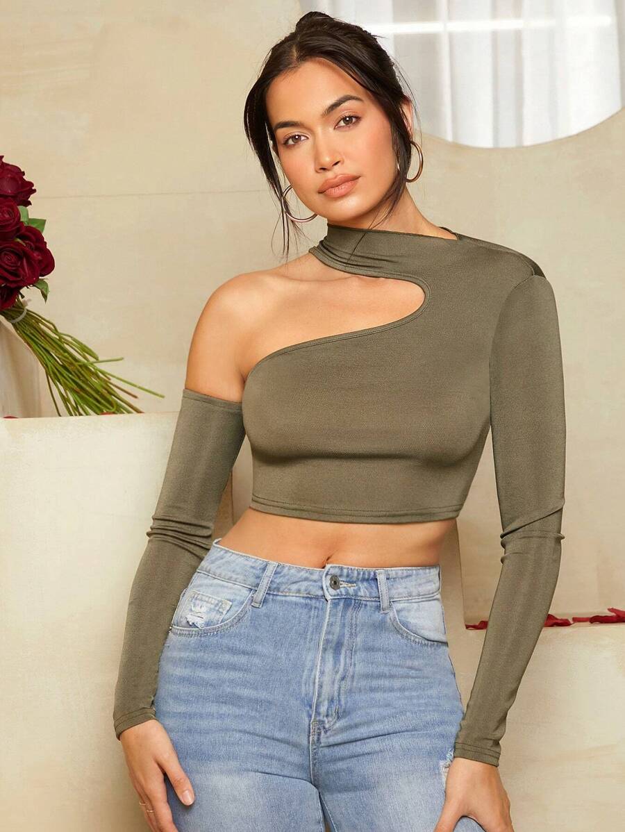 SHEIN BAE 女士不对称领口镂空长袖 T 恤 - 軍綠色 - 查看 1