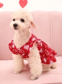 PETSIN 1入組情人節心形印花紅色寵物連衣裙，短袖帶帽，適用於狗和貓 - 彩色 - 查看 4