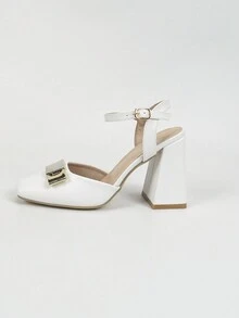 2024新款春秋厚底高跟女鞋，镂空设计，单扣带，时尚百搭 - 白色 - 查看 3