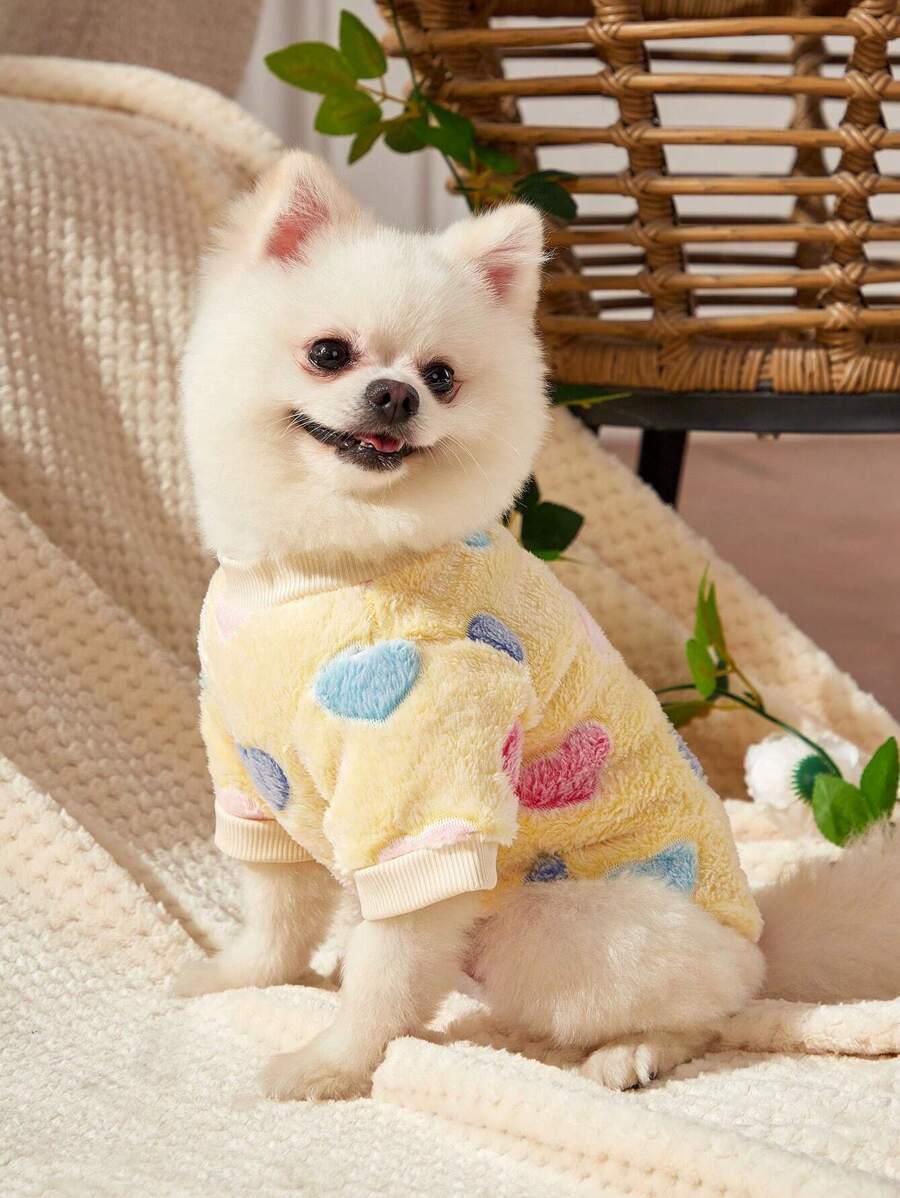 PETSIN Valentine's Day 1pc Yellow Heart Printed Fleece Pet Sweatshirt, Keep Pets Warm - Multicolor - View 1