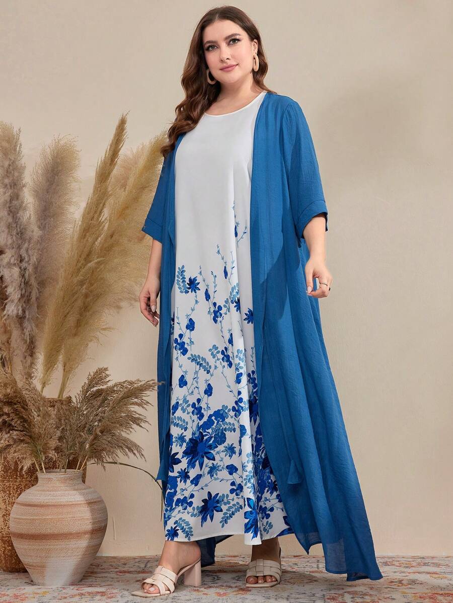 Al Najma Conjunto de 2 piezas de chaqueta con flecos de encaje y vestido sin mangas con estampado floral para mujer de talla grande - Multicolor - Ver 1