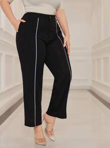 Mulvari Plus Size Colorblock Rolled Hem Dress Pants - Black - View 6