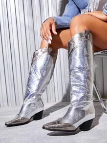 Styleloop Snakeskin Pattern Point Toe Boots - Silver - View 6