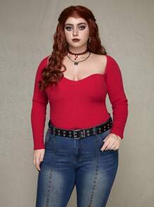 ROMWE PUNK Plus Size Women's Sweetheart Neck Sweater Pullover - Red - View 3
