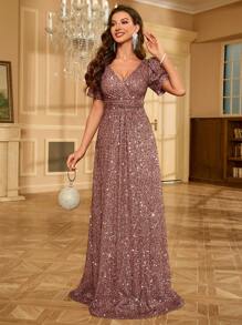 UNITHORSE UNITHORSE V-Neck Sparkly Puff Sleeve Party Dress Wedding Guest Dress Formal Dress Evening Dress, Bride Dress, Birthday Women Outfits, Graduation Dress,Gown