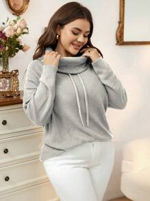 SHEIN LUNE Áo len nữ cỡ lớn cổ cao vai rớt, kiểu dáng chui đầu, thích hợp cho mùa thu đông. - Xám - Xem 5