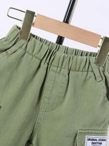 SHEIN Joven Niño Básico Bordado Decoración Cintura Elástica Cómodo Y Suave Pantalones Cortos De Mezclilla Verde - Verde - Ver 5