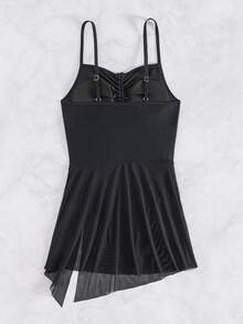 SHEIN Swim Women'S One-Piece Swimsuit With Mesh Knot Detailing On The Chest Music Festival - Black - View 8