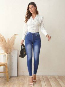 SHEIN LUNE 拉鏈門襟緊身牛仔褲 - 藍色 - 查看 3