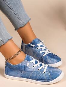 女士新款休閒輕便舒適的圓頭系帶平底運動鞋 - 藍色 - 查看 4