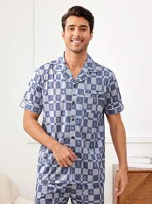 Men's Gentleman Style Blue Plaid Lapel Short Sleeve Button Front Pajama Set With Slight Stretch Fabric - Blue - View 5
