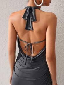 THEA Designer Women's Front Tie Asymmetrical Ruffle Hem Halter Top, For Summer, Holiday, Going Out, Festival - Grey - View 4