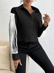 SHEIN Privé 女性彩塊邊長袖襯衫 - 黑色 - 查看 3
