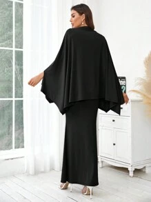SHEIN Privé Women's Stand Collar Batwing Sleeve Top And Skirt Set - Black - View 2