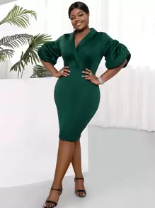 Plus Lapel Neck Puff Sleeve Bodycon Dress - Dark Green - View 2