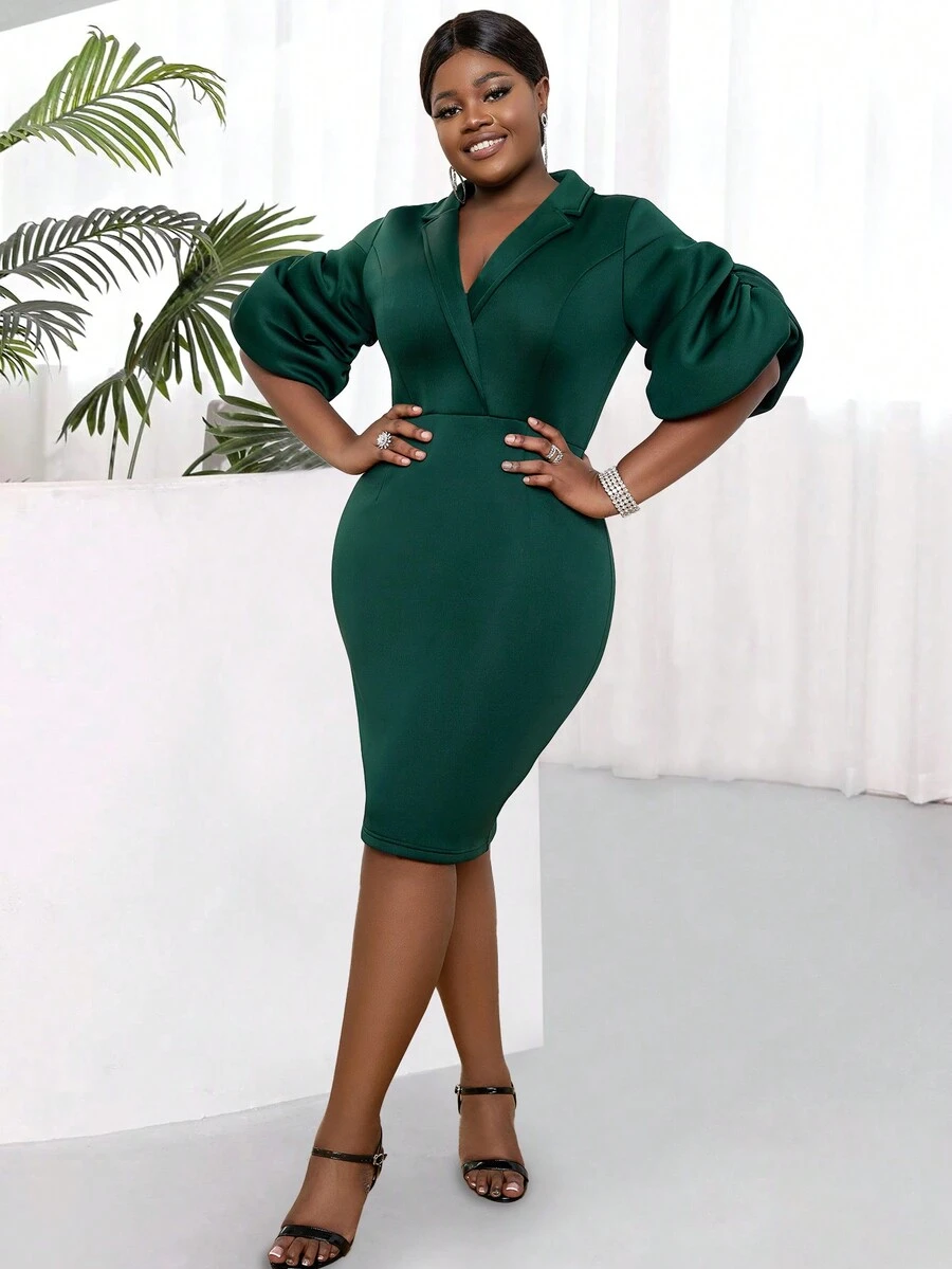 Plus Lapel Neck Puff Sleeve Bodycon Dress