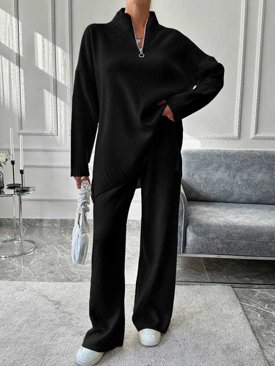 EURMUSE Ladies' Solid Color Casual Knitted Sweater 2pcs/Set - Black - View 1
