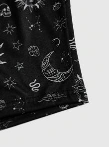 ROMWE Goth 3pcs/Set Women's Sun, Moon, Stars Digital Print Short Sleeve T-Shirt, Shorts And Pants, School