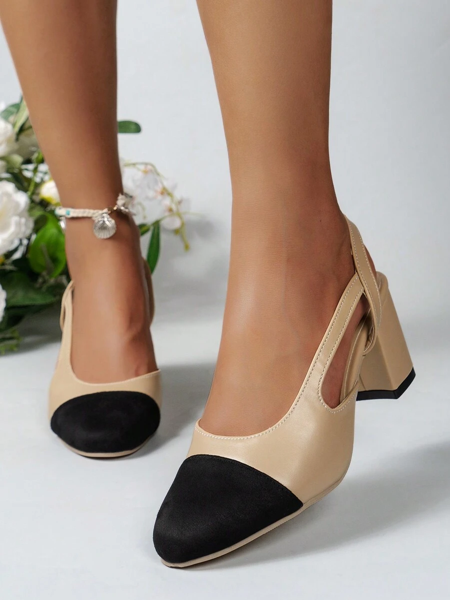 女士中空設計多彩裝飾圓頭粗跟高跟鞋，春夏優雅風格，杏色高跟鞋 - 杏色 - 查看 1