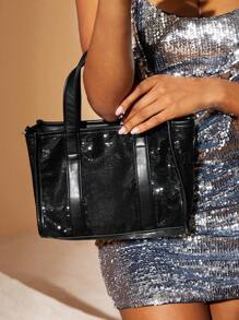 SHEIN SXY 女時尚經典黑色亮片頂部提把單肩包 - 黑色 - 查看 2