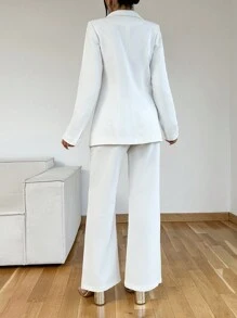 SHEIN Cottnline Women's Collarless Long Sleeve Blazer And Bell Bottom Pants Set - White - View 3