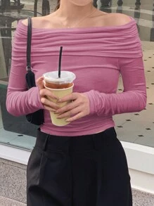 DAZY 女式露肩長袖t恤 - 玫紅色 - 查看 1