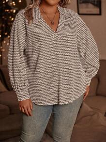 SHEIN CURVE+ Plus Size Random Printed Long Sleeve Blouse - Multicolor - View 1