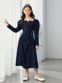 SHEIN Leap Crew Tween Girls' Vintage Mid-Length Dress With Faux Pearl Decor And Long Sleeve, Elegant Style - Navy Blue - View 3