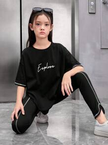 SHEIN Tween Girls' Loose Fit Vintage Letter Print Contrast Stitching Drop Shoulder Sleeve T-Shirt And Split Hem Pants - Black - View 5