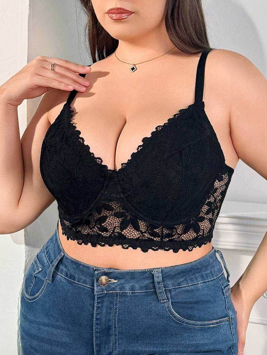 Sujetador De Encaje De Talla Grande Con Aros Para Ropa Interior De Mujeres - Negro - Ver 1