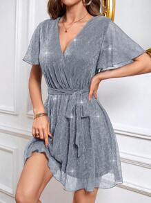 SHEIN Privé 女士v領包裹打結連身裙 - 灰色 - 查看 1