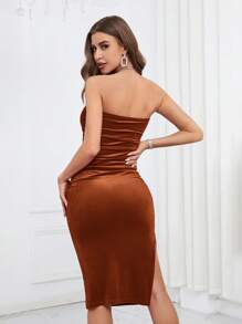 SHEIN Privé 女士露肩褶皱紧身连衣裙 - 鏽棕色 - 查看 2