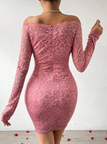 SHEIN Privé Elegante Vestido Rosa De Encaje Con Hombros Descubiertos - Rosa - Ver 2