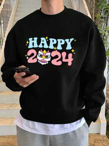 Manfinity Hypemode 男士 2024 新年圖案 圓領運動衫 - 黑色 - 查看 2