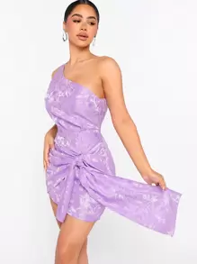 Hauture One Shoulder Floral Jacquard Bow Dress