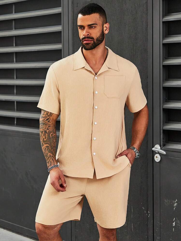 Two-Piece Set Of Men'S Plus Size Solid Color Casual Apparel