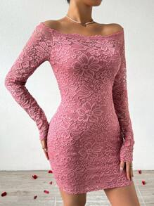 SHEIN Privé Elegante Vestido Rosa De Encaje Con Hombros Descubiertos - Rosa - Ver 5