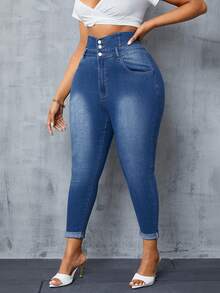 SHEIN SXY 大尺碼女士修身牛仔褲 - 中等水洗藍 - 查看 6