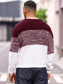 Manfinity Homme 男士色塊拼接圓領長袖毛衣 - 酒紅色 - 查看 2